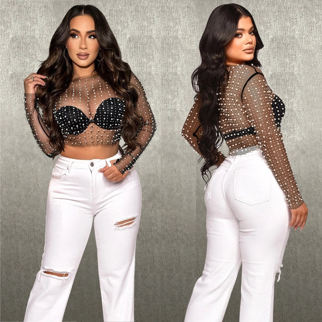 Mesh Crop Top with Beaded Pearls- Black