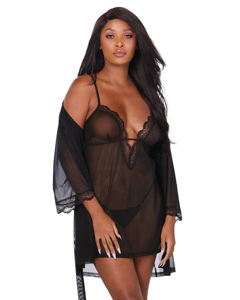 Stretch Mesh Chemise & Robe Set: Black