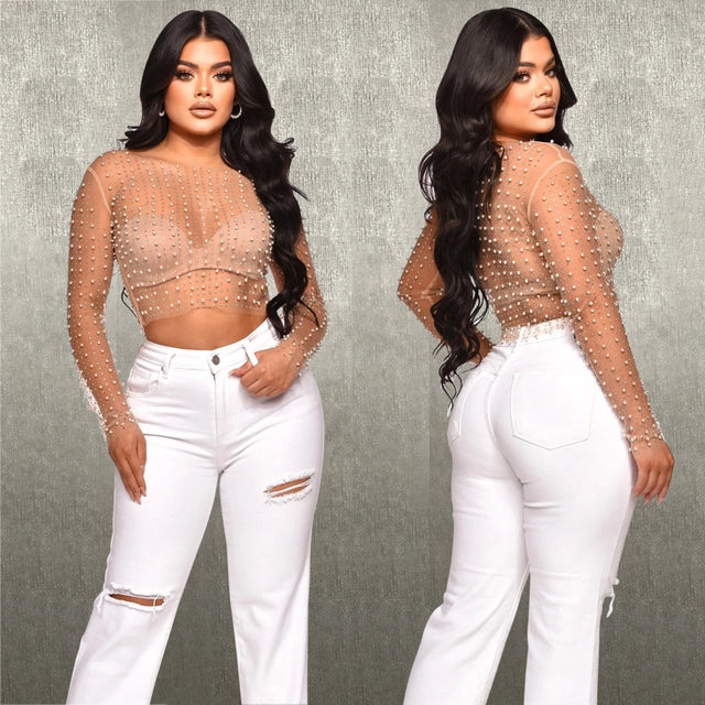 Mesh Crop Top with Beaded Pearls-Nude