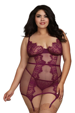 Fishnet/Lace Garterslip Mulberry- Queen Size